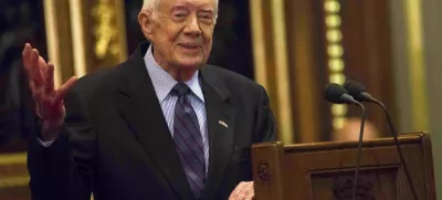 FILE - Former President Jimmy Carter speaks on the eradication of the Guinea worm, Feb. 3, 2016, at the House of Lords in London. (Neil Hall/Pool Photo via AP, File)