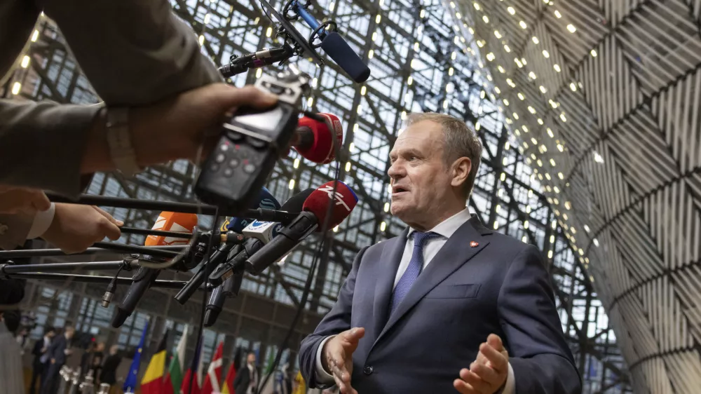 The Prime Minister of Poland Donald Tusk speaks with journalists during the European Council on December 19, 2024.Le Premier Ministre de Pologne Donald Tusk parle avec les journalistes lors du Conseil Europeen le 19 decembre 2024.