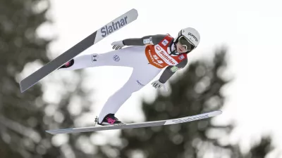 Nika Prevc from Slovenia competes in the women's Ski Jumping World Cup event at the Gross-Titlis Schanze, in Engelberg, Switzerland, Saturday, Dec. 21, 2024. (Philipp Schmidli/Keystone via AP)