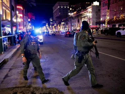 Police patrol the area near the scene where a vehicle drove into a crowd during New Year's celebrations, in New Orleans, Louisiana, U.S., January 1, 2025. REUTERS/Eduardo Munoz