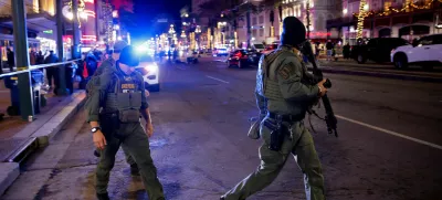 Police patrol the area near the scene where a vehicle drove into a crowd during New Year's celebrations, in New Orleans, Louisiana, U.S., January 1, 2025. REUTERS/Eduardo Munoz