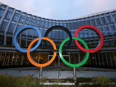 FILE PHOTO: The Olympic rings symbol is displayed at the Olympic House, ahead of the Executive Board meeting of the International Olympic Committee (IOC), in Lausanne, Switzerland, December 3, 2024. REUTERS/Denis Balibouse/File Photo