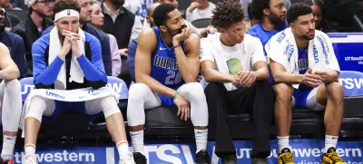 Jan 3, 2025; Dallas, Texas, USA; Dallas Mavericks guard Klay Thompson (31) and Dallas Mavericks guard Spencer Dinwiddie (26) react on the bench during the fourth quarter against the Cleveland Cavaliers at American Airlines Center. Mandatory Credit: Kevin Jairaj-Imagn Images