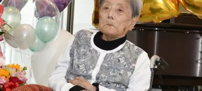 FILE - This photo provided by Ashiya City shows Tomiko Itooka, being celebrated for her 116th birthday at the nursing home she lives in Ashiya, western Japan, on May 23, 2024. (Ashiya City via AP, File)