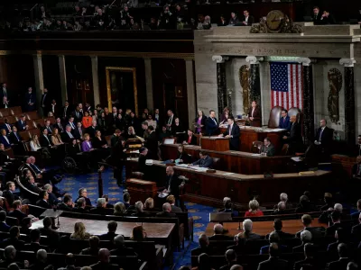 U.S. Vice President Kamala Harris and Speaker of the House Mike Johnson (R-LA) attend a joint session of Congress to certify Donald Trump's election, at the U.S. Capitol in Washington, U.S. January 6, 2025. REUTERS/Elizabeth Frantz