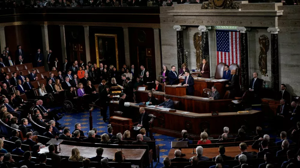 U.S. Vice President Kamala Harris and Speaker of the House Mike Johnson (R-LA) attend a joint session of Congress to certify Donald Trump's election, at the U.S. Capitol in Washington, U.S. January 6, 2025. REUTERS/Elizabeth Frantz