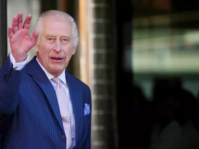 Britain's King Charles III, patron of Cancer Research UK and Macmillan Cancer Support, arrives for a visit to University College Hospital Macmillan Cancer Centre, to raise awareness of the importance of early diagnosis and highlight some of the innovative research which is taking place at the centre, in London, Tuesday April 30, 2024. (Victoria Jones/PA via AP)