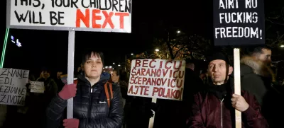  SENSITIVE MATERIAL. THIS IMAGE MAY OFFEND OR DISTURB  Participants hold placards during a protest in front of the Interior Ministry demanding resignations after Cetinje mass murder rampage in Podgorica, Montenegro, January 5, 2025. REUTERS/Stevo Vasiljevic   TPX IMAGES OF THE DAY