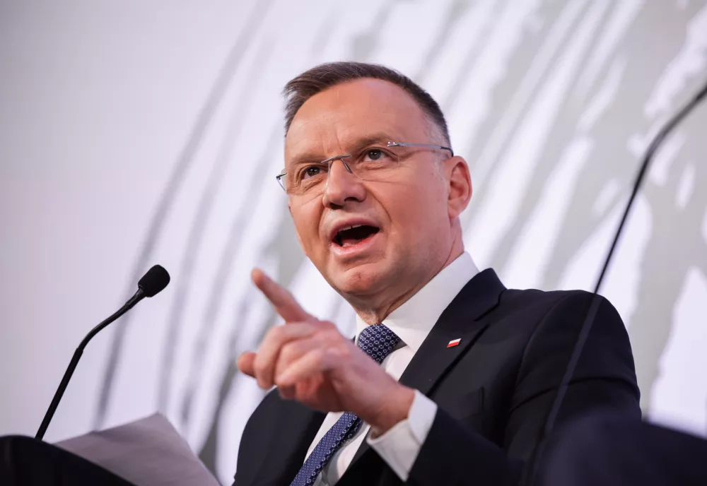 FILED - 18 January 2024, Switzerland, Davos: Polish President Andrzej Duda speaks at an event during the 2024 World Economic Forum Annual Meeting in Davos. Photo: Hannes P Albert/dpa