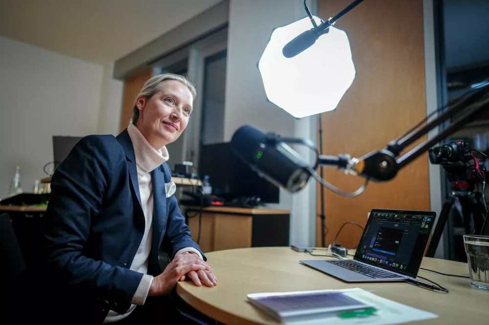 Alice Weidel, co-leader of Germany's far-right party AfD (Alternative fuer Deutschland) is pictured in her office before a virtual talk event with U.S. billionaire Elon Musk on his platform X in Berlin, Germany, January 9, 2025.   Kay Nietfeld/Pool via REUTERS