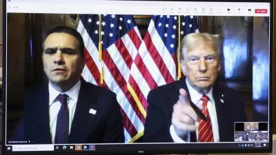 President-elect Donald Trump, right, appears remotely with attorney Todd Blanche for a sentencing hearing in front of New York State Judge Juan Merchan in the criminal case in which he was convicted in 2024 on charges involving hush money paid to a porn star, at New York Criminal Court in New York, Jan. 10, 2025. (Brendan McDermid/Reuters via AP, Pool)