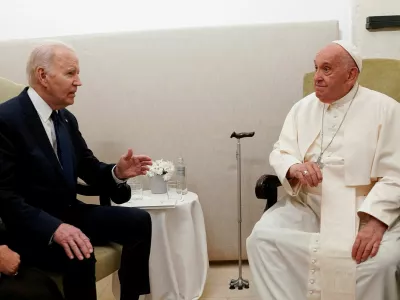 FILE PHOTO: U.S. President Joe Biden meets with Pope Francis on the second day of the G7 summit at the Borgo Egnazia resort, in Savelletri, Puglia, Italy, June 14, 2024. REUTERS/Kevin Lamarque/Pool/File Photo