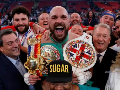 FILE PHOTO: Boxing - Tyson Fury v Dillian Whyte - WBC World Heavyweight Title - Wembley Stadium, London, Britain - April 23, 2022 Tyson Fury celebrates after winning his fight against Dillian Whyte Action Images via Reuters/Andrew Couldridge/File Photo