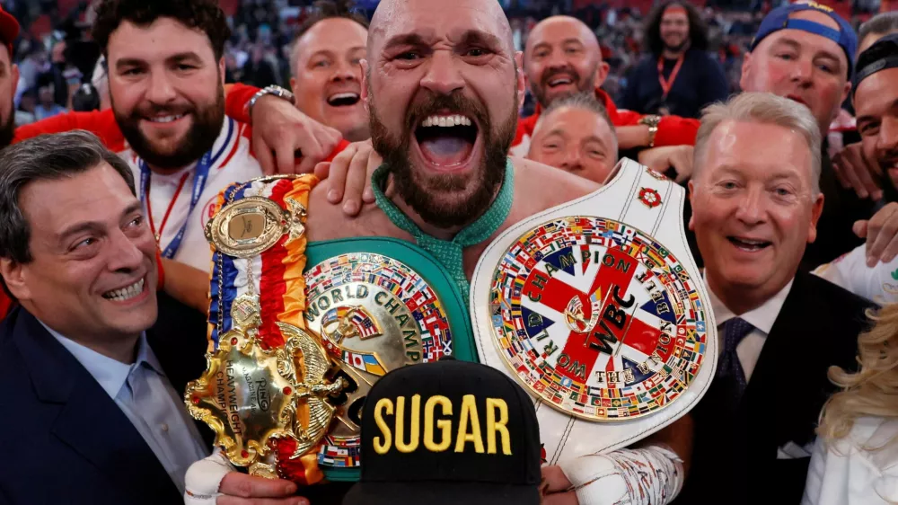 FILE PHOTO: Boxing - Tyson Fury v Dillian Whyte - WBC World Heavyweight Title - Wembley Stadium, London, Britain - April 23, 2022 Tyson Fury celebrates after winning his fight against Dillian Whyte Action Images via Reuters/Andrew Couldridge/File Photo