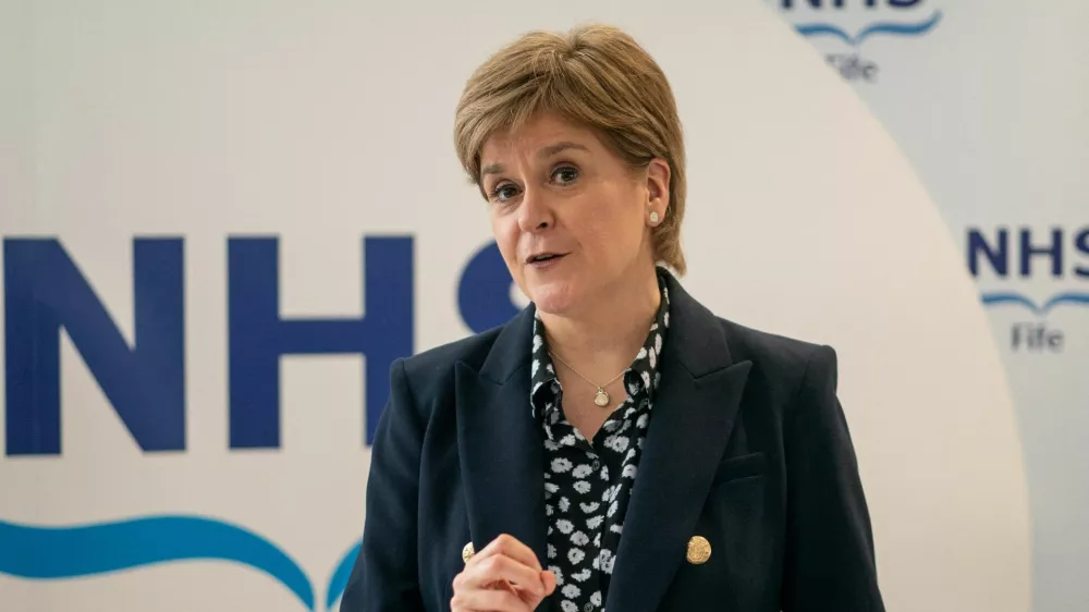 FILE PHOTO: KIRKCALDY, SCOTLAND - MARCH 24: First Minister Nicola Sturgeon speaks during a visit to NHS Fife National Treatment Centre on March 24, 2023 in Kirkcaldy, Scotland. Ms Sturgeon officially opened the new facility at the Fife hospital to mark her final official visit as First Minister.   Peter Summers/Pool via REUTERS/File Photo