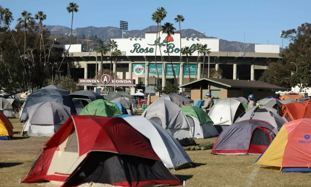 Tents housing first responders are pictured outside Rose Bowl Stadium during the Eaton fire in Pasadena, California, U.S., January 13, 2025. REUTERS/Mario Anzuoni