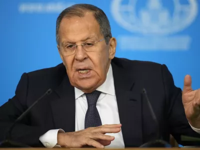 Russian Foreign Minister Sergey Lavrov speaks during his annual news conference in Moscow, Russia, on Tuesday, Jan. 14, 2025. (AP Photo/Alexander Zemlianichenko)