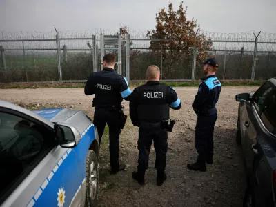 Frontex border police from Germany and Greece are pictured near a fence at the border between Bulgaria and Turkey, near Kapitan Andreevo, Bulgaria, February 29, 2024. REUTERS/Stoyan Nenov