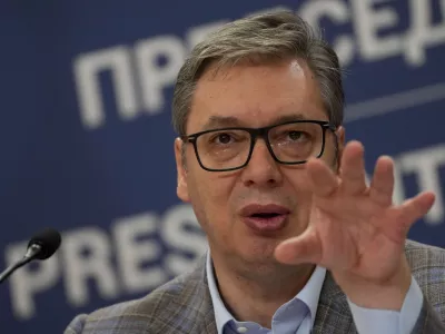 Serbian President Aleksandar Vucic speaks during a public address, a day after one of the biggest protests in years in Belgrade, Serbia, Sunday, Aug. 11, 2024. Vucic said earlier he had been tipped off by Russian intelligence services that a "mass unrest and a coup" were being prepared in Serbia by unspecified Western powers that wish to oust him from power. (AP Photo/Darko Vojinovic)