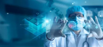 Doctor diagnose and checking brain testing result with computer and AI, robotic on virtual interface in laboratory, innovative technology in science and medicine.