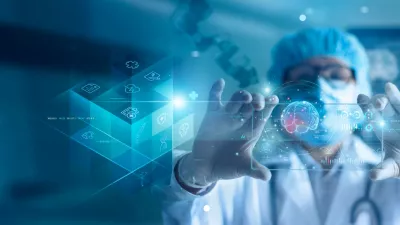 Doctor diagnose and checking brain testing result with computer and AI, robotic on virtual interface in laboratory, innovative technology in science and medicine.