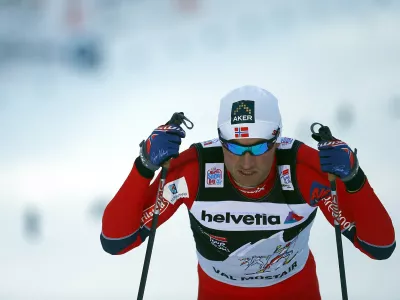 Petter Northug jr. of Norway reacts after missing to qualify for the final of the World Cup men's cross country sprint race in Tschierv January 1, 2013. REUTERS/ Dominic Ebenbichler (SWIT ZERLAND - Tags: SPORT SKIING)