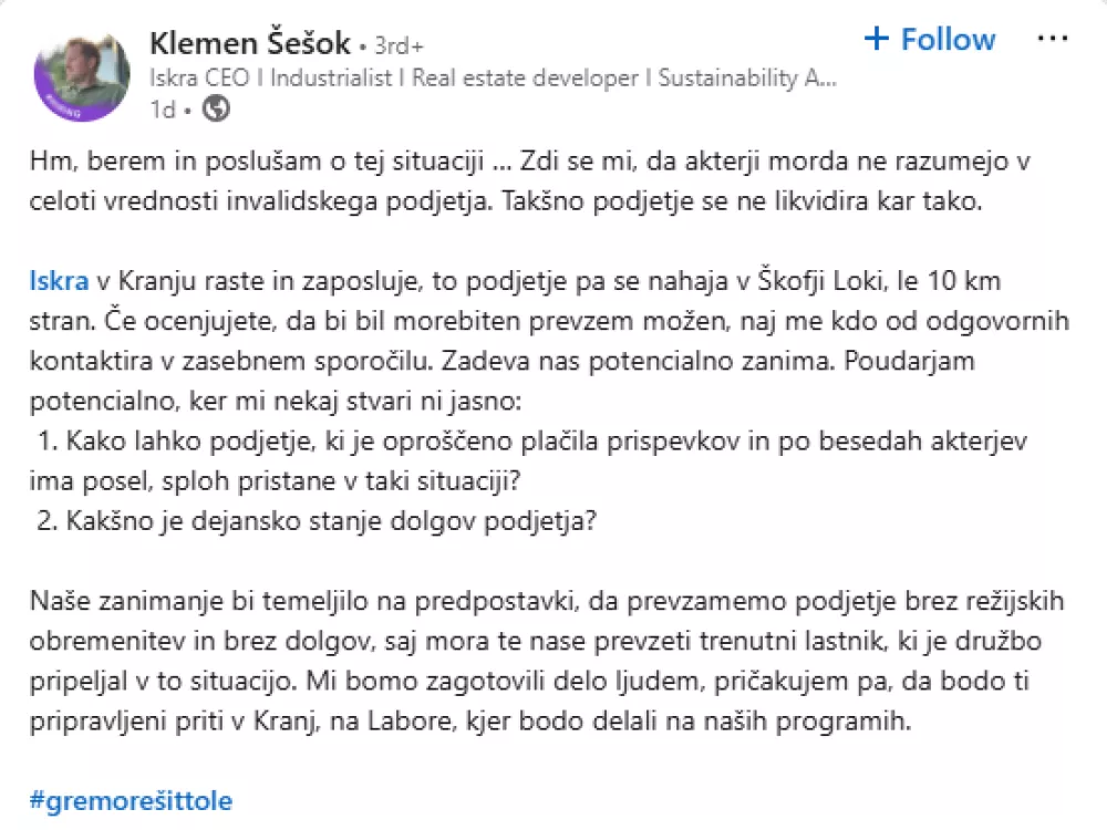 Zapis Klemna Šešoka na omrežju LinkedIn. Vir: zajem zaslona