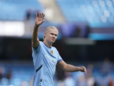 FILE -Manchester City's Erling Haaland waves fans after the English Premier League soccer match between Manchester City and Ipswich Town at the Etihad Stadium in Manchester, England, Aug. 24, 2024. (AP Photo/Dave Thompson, File)