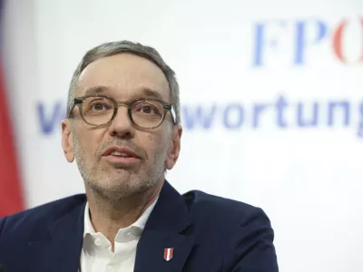 The leader of Austria's Freedom Party, Herbert Kickl, addresses a news conference, in Vienna, Austria, Tuesday, Jan 7, 2025. Herbert Kickl received a mandate Monday to try to form a new government. (AP Photo/Heinz-Peter Bader)