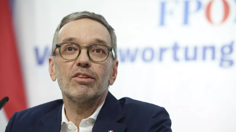 The leader of Austria's Freedom Party, Herbert Kickl, addresses a news conference, in Vienna, Austria, Tuesday, Jan 7, 2025. Herbert Kickl received a mandate Monday to try to form a new government. (AP Photo/Heinz-Peter Bader)