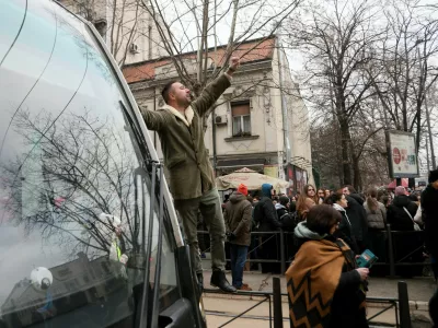 Protestors chant as they march during a demonstration against corruption and demanding justice for those killed when a train station roof collapsed in November, in Belgrade, on January 16, 2025. Thousands of Serbians took to the streets of the capital Belgrade in ongoing protests since a roof in a train station in the northern city of Novi Sad, collapsed on November 1, 2024, and killed 15 people.,Image: 954238697, License: Rights-managed, Restrictions:, Model Release: no