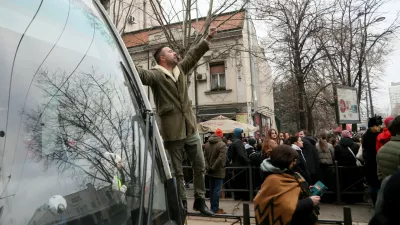 Protestors chant as they march during a demonstration against corruption and demanding justice for those killed when a train station roof collapsed in November, in Belgrade, on January 16, 2025. Thousands of Serbians took to the streets of the capital Belgrade in ongoing protests since a roof in a train station in the northern city of Novi Sad, collapsed on November 1, 2024, and killed 15 people.,Image: 954238697, License: Rights-managed, Restrictions:, Model Release: no