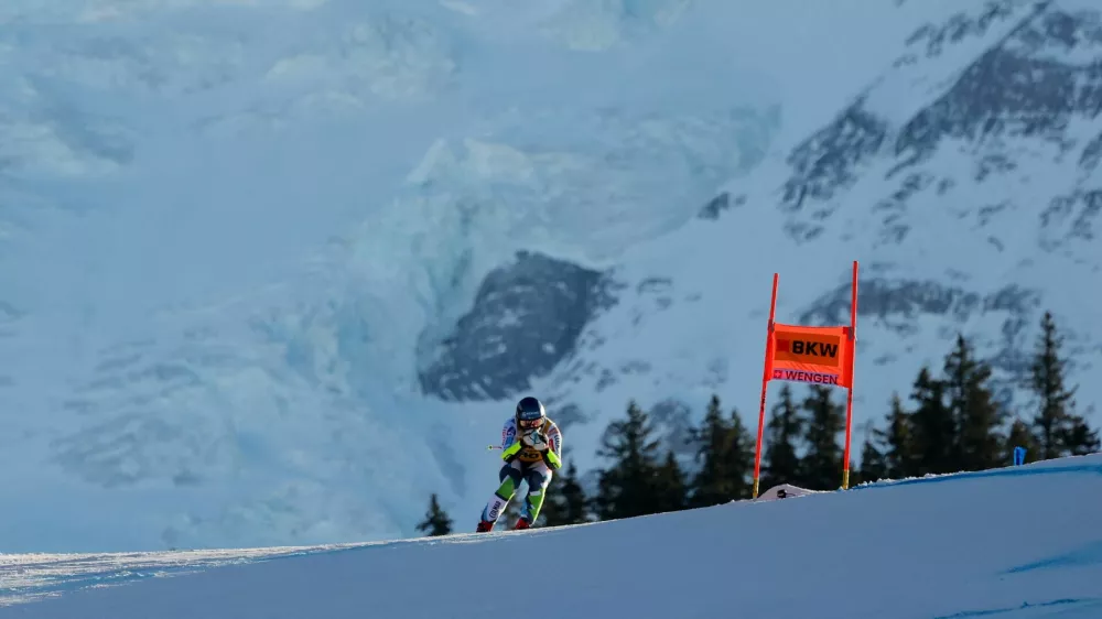 Alpine Skiing - FIS Alpine Ski World Cup - Men's Super G - Wengen, Switzerland - January 17, 2025 Slovenia's Miha Hrobat in action REUTERS/Denis Balibouse