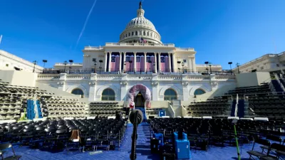 Empty chairs on the inaugural stand are seen on the day it was announced U.S. President-elect Donald Trump's inauguration is being moved indoors due to dangerously cold temperatures expected on Monday, in Washington, U.S., January 17, 2025. REUTERS/Kevin Lamarque