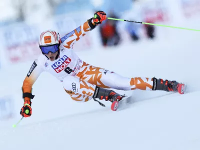 Slovakia's Petra Vlhova speeds down the course during the first run of an alpine ski, women's World Cup giant slalom, in Sestriere, Italy, Saturday, Dec.10, 2022. (AP Photo/Alessandro Trovati)