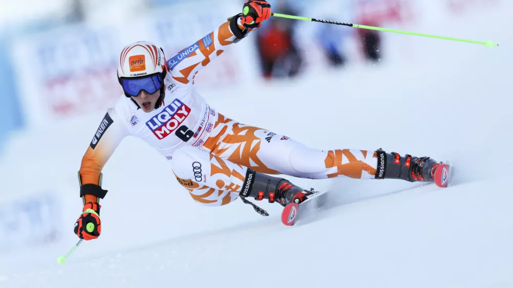 Slovakia's Petra Vlhova speeds down the course during the first run of an alpine ski, women's World Cup giant slalom, in Sestriere, Italy, Saturday, Dec.10, 2022. (AP Photo/Alessandro Trovati)