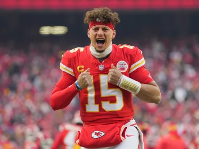 Jan 18, 2025; Kansas City, Missouri, USA; Kansas City Chiefs quarterback Patrick Mahomes (15) reacts before a 2025 AFC divisional round game against the Houston Texans at GEHA Field at Arrowhead Stadium. Mandatory Credit: Jay Biggerstaff-Imagn Images