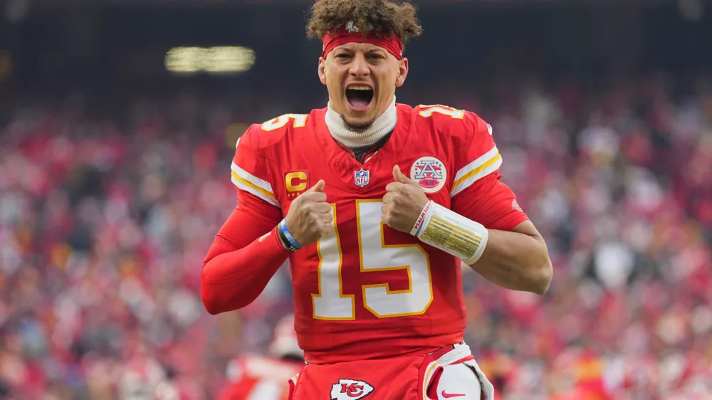 Jan 18, 2025; Kansas City, Missouri, USA; Kansas City Chiefs quarterback Patrick Mahomes (15) reacts before a 2025 AFC divisional round game against the Houston Texans at GEHA Field at Arrowhead Stadium. Mandatory Credit: Jay Biggerstaff-Imagn Images