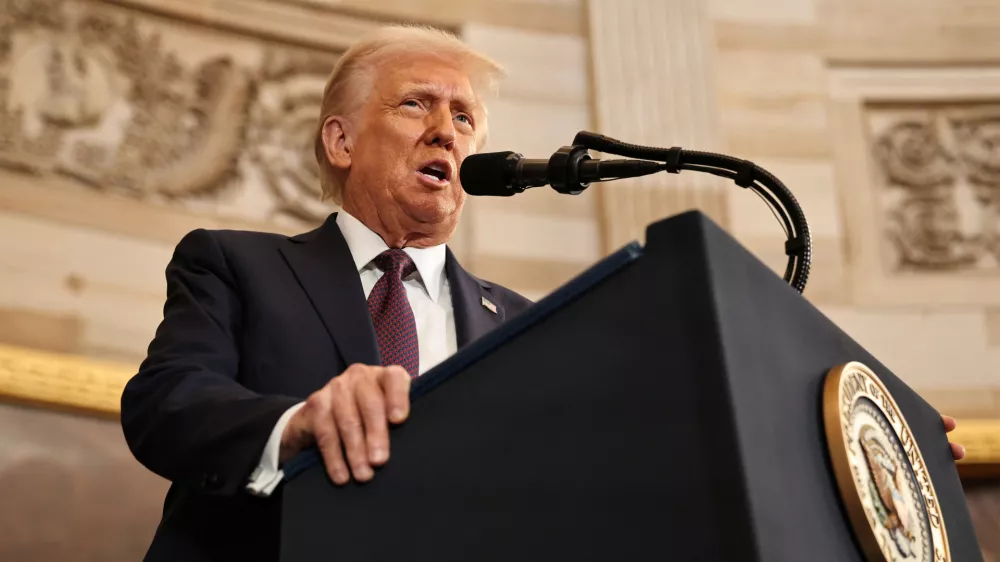 WASHINGTON, DC - JANUARY 20: U.S. President Donald Trump speaks during inauguration ceremonies in the Rotunda of the U.S. Capitol on January 20, 2025 in Washington, DC. Donald Trump takes office for his second term as the 47th president of the United States.  Chip Somodevilla/Pool via REUTERS