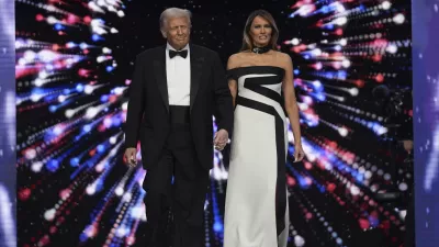 President Donald Trump and first lady Melania Trump arrive at the Liberty Ball, part of the 60th Presidential Inauguration, Monday, Jan. 20, 2025, in Washington. (AP Photo/Evan Vucci)