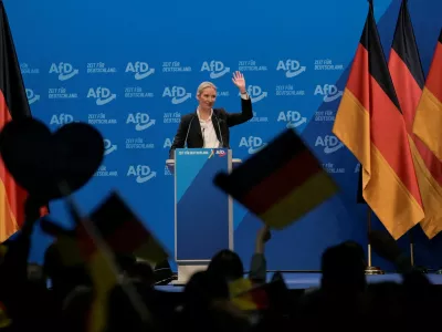 FILE PHOTO: Alice Weidel, co-leader of Alternative for Germany party, gestures after she was elected as top candidate for chancellor of the AfD for the upcoming general elections at the AfD party congress in Riesa, Germany, January 11, 2025.  REUTERS/Matthias Rietschel/File Photo