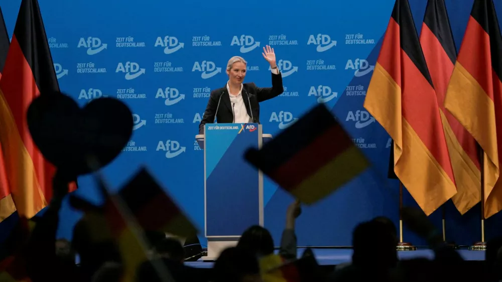 FILE PHOTO: Alice Weidel, co-leader of Alternative for Germany party, gestures after she was elected as top candidate for chancellor of the AfD for the upcoming general elections at the AfD party congress in Riesa, Germany, January 11, 2025.  REUTERS/Matthias Rietschel/File Photo