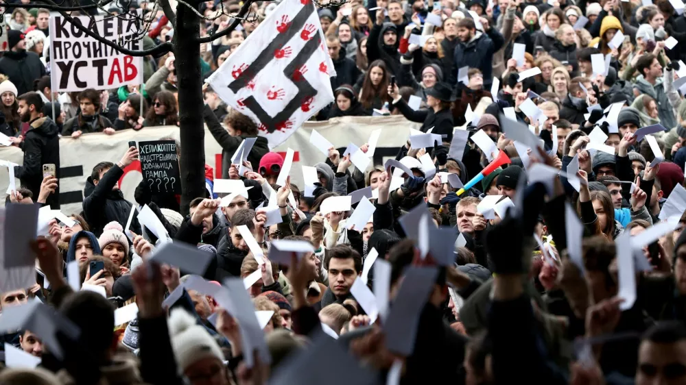 Students gather to deliver 1000 identical letters of complaint to chief state prosecutor Zagorka Dolovac to protest the slow investigation of a train station roof collapse last month in Novi Sad in which 15 people died, in Belgrade, Serbia, December 25, 2024. REUTERS/Zorana Jevtic