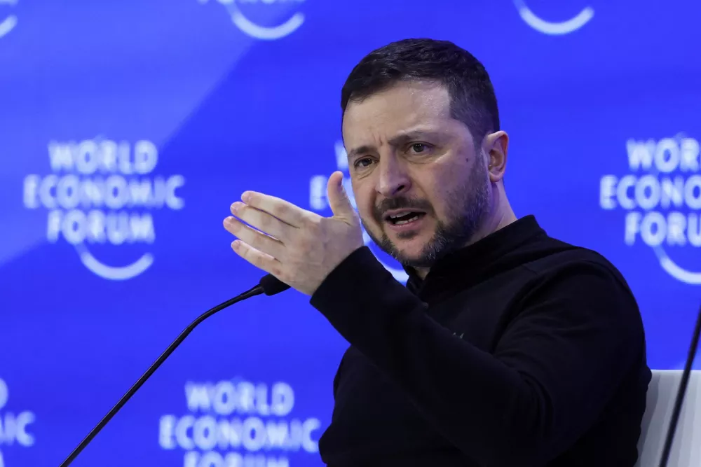 Ukraine's President Volodymyr Zelenskiy speaks during the 55th annual meeting of the World Economic Forum (WEF) in Davos, Switzerland, January 21, 2025. REUTERS/Yves Herman