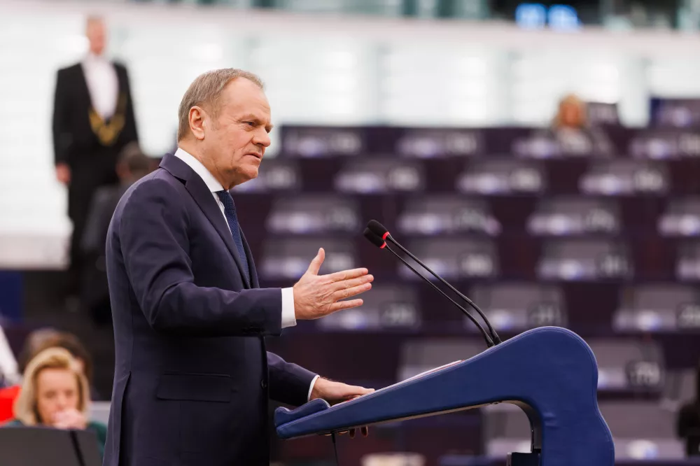 22 January 2025, France, Strasbourg: Donald Tusk, Poland's Prime Minister, speaks during a debate as part of a plenary session at the European Parliament. Photo: Philipp von Ditfurth/dpa