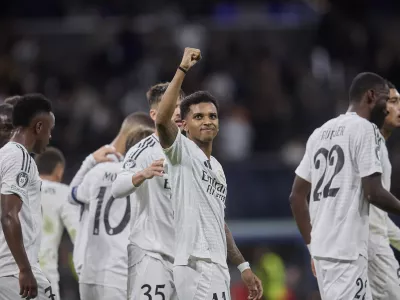 22 January 2025, Spain, Madrid: Real Madrid's Rodrygo celebrates scoring his side's second goal during the UEFA Champions League soccer match between Real Madrid CF and RB Salzburg at Santiago Bernabeu Stadium. Photo: Ruben Albarran/ZUMA Press Wire/dpa