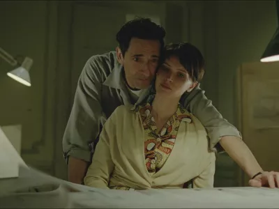 This image released by A24 shows Adrien Brody, left, and Felicity Jones in a scene from "The Brutalist." (A24 via AP)