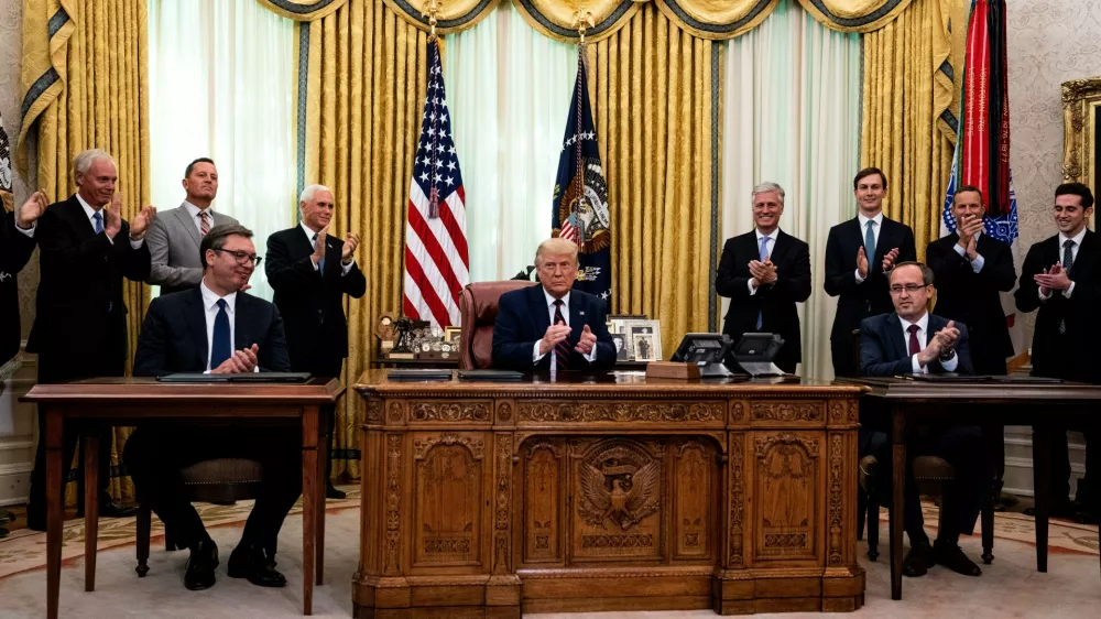 President Donald Trump participates in a signing ceremony and trilateral meeting with the President of the Republic of Serbia, Aleksandar Vu?i?, and the Prime Minister of the Republic of Kosovo, Avdullah Hoti, at the White House on September 4th, 2020.No Use UK. No Use Germany.