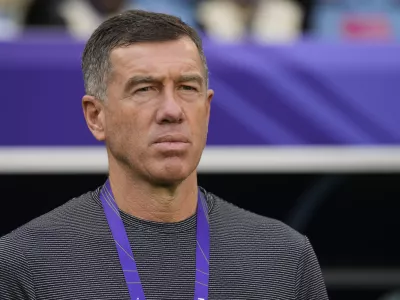 FILE - Uzbekistan's head coach Srecko Katanec looks from the bench before the Asian Cup round of 16 soccer match between Uzbekistan and Thailand at Al Janoub Stadium in Al Wakrah, Qatar, on Jan. 30, 2024. (AP Photo/Aijaz Rahi, File)