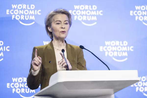 Ursula von der Leyen, President of the European Commission attends the Annual Meeting of World Economic Forum in Davos, Switzerland, Thursday, Jan. 23, 2025. (Michael Buholzer/Keystone via AP)